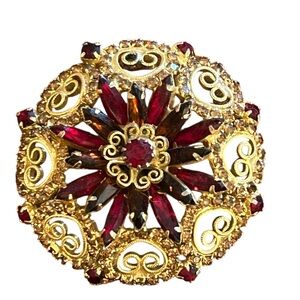 Vintage Hobé Red Rhinestone Filigree Brooch Gold Tone Signed Statement